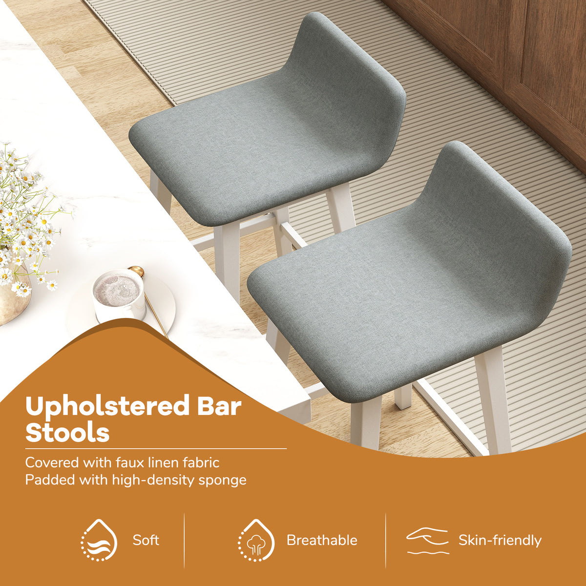 29-Inch Padded Bar Stool with Low Back and Wood Legs