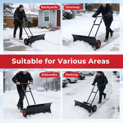 29 Inch Snow Pusher Heavy Duty Metal Shovel with Wheels and Adjustable Handle-Black