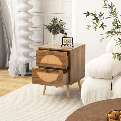 Set of 2 Rattan Nightstand with 2 Drawers and Solid Wood Legs-Natual