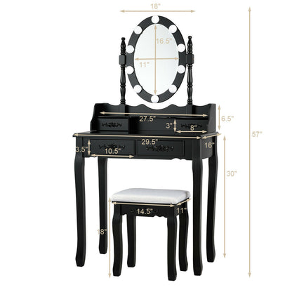 Makeup Vanity Table with Lighted Mirror and Cushioned Stool