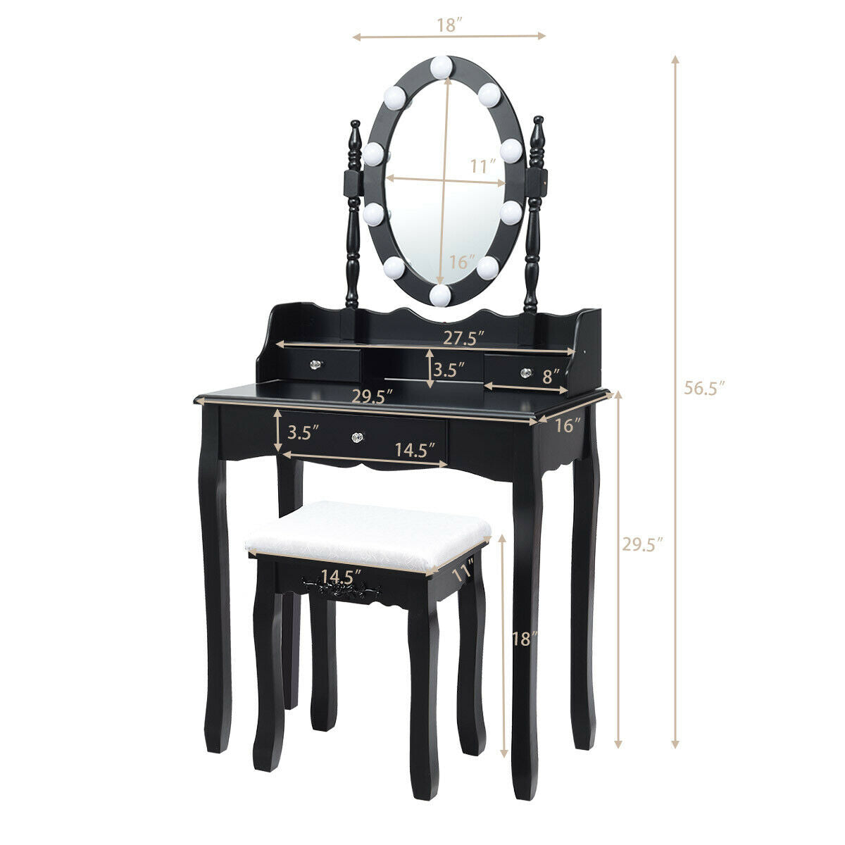 Makeup Vanity Set with LED Lighted Mirror and 3 Drawers