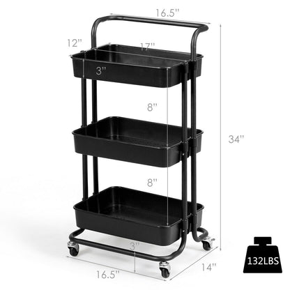 3-Tier Utility Cart Storage Rolling Cart with Casters