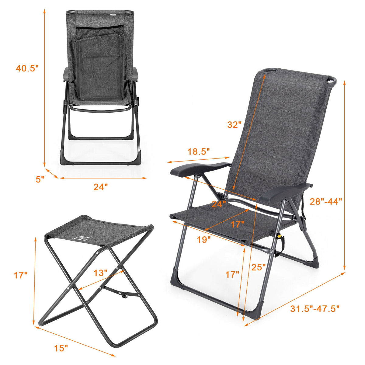 Adjustable Folding Patio Dining Chair with Ottoman Set (2-Pack)