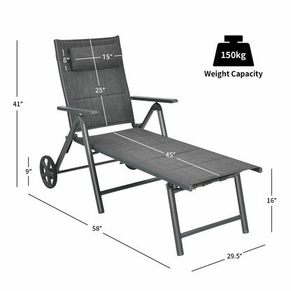 Reclining Patio Chaise Lounge with Adjustable Backrest & Wheels