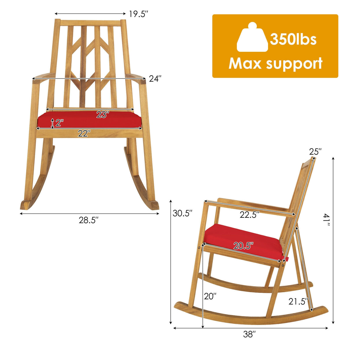 Acacia Wood Patio Rocking Chair with Cushion and Armrests