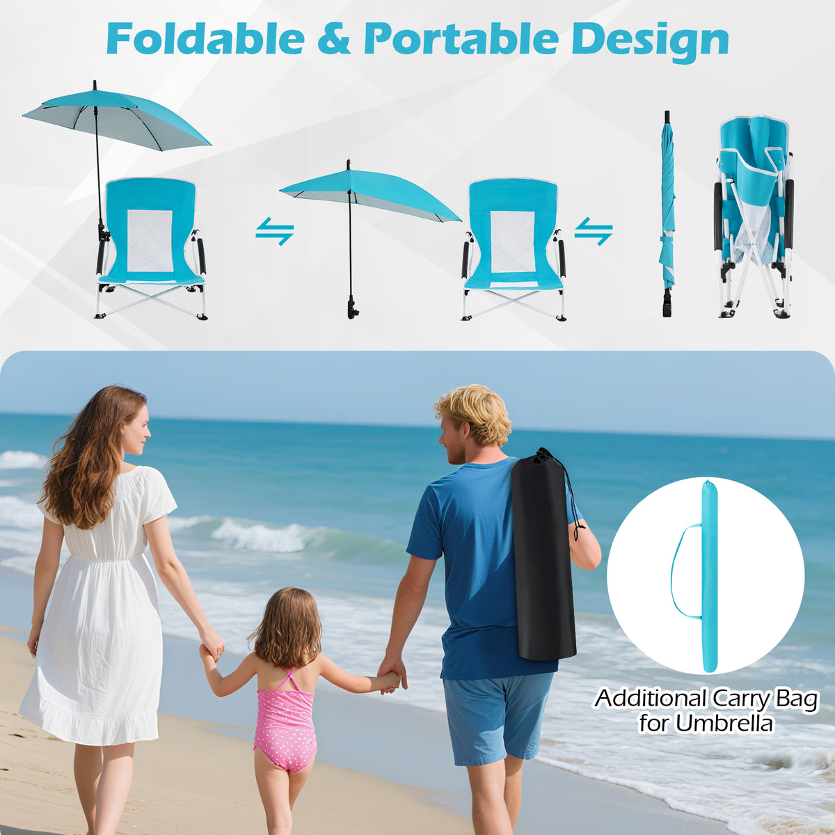 Beach Chair with Adjustable Umbrella for Adults - 2 Pack