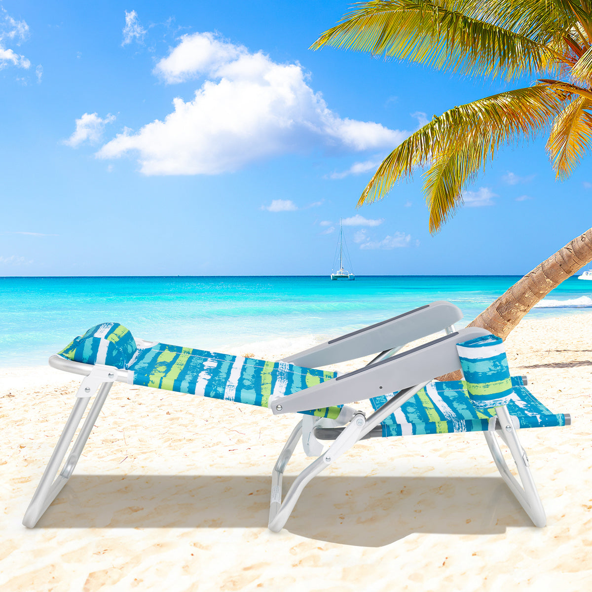 Folding Beach Chair 5-Position with Pillow - 2 Pack