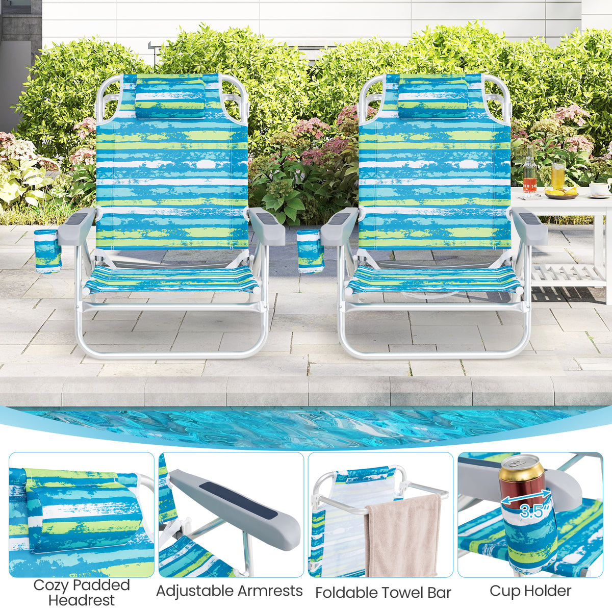 Folding Beach Chair 5-Position with Pillow - 2 Pack