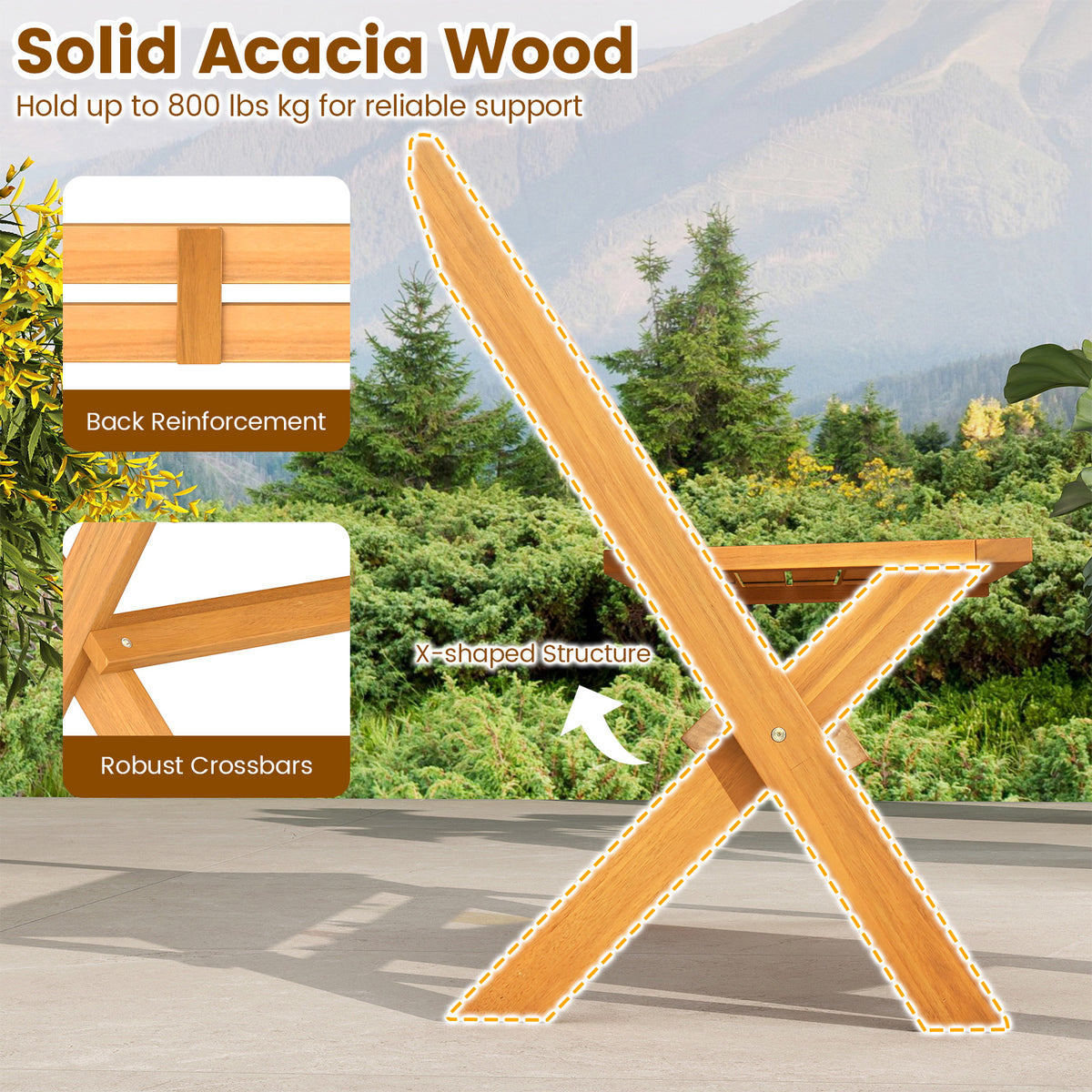 Acacia Wood Folding Garden Bench for 2 People