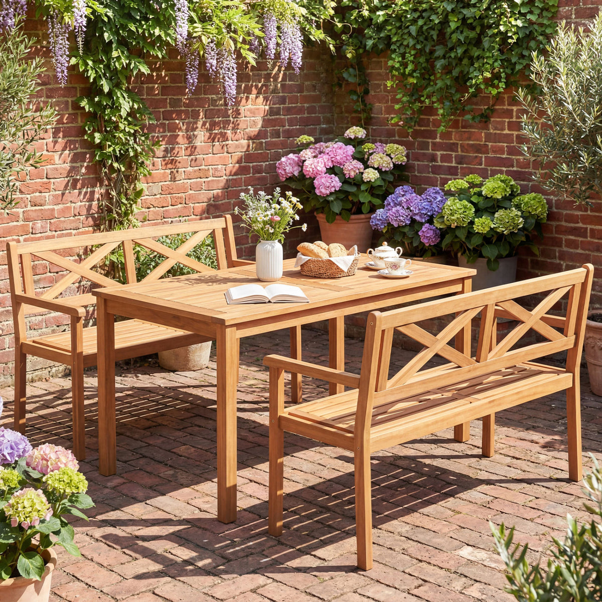 2-Person Acacia Wood Garden Bench with Armrests