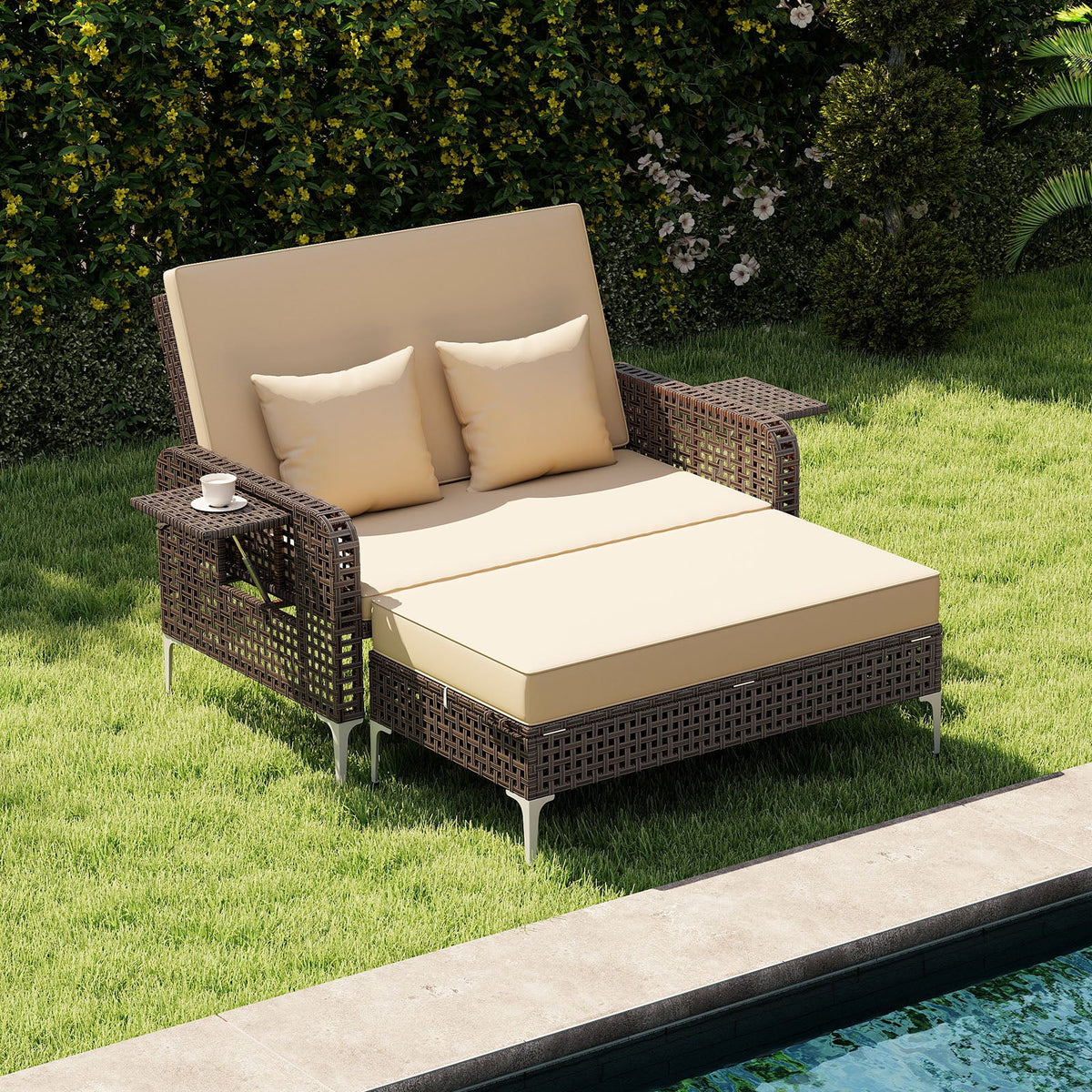 2 Piece Patio Rattan Daybed Wicker Loveseat and Ottoman with Adjustable Backrest