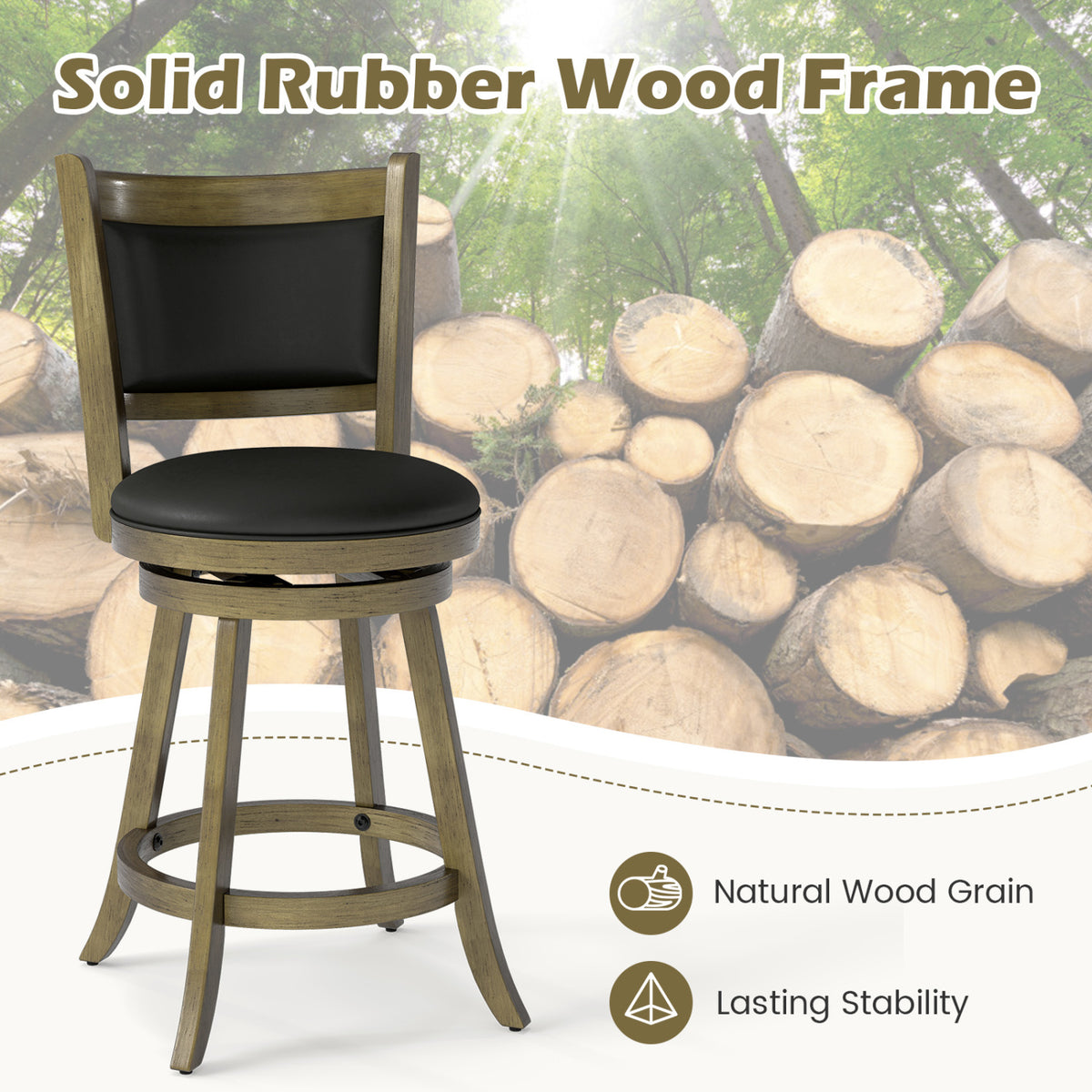 24-Inch Swivel Counter Stools with Upholstered Seat, Set of 2