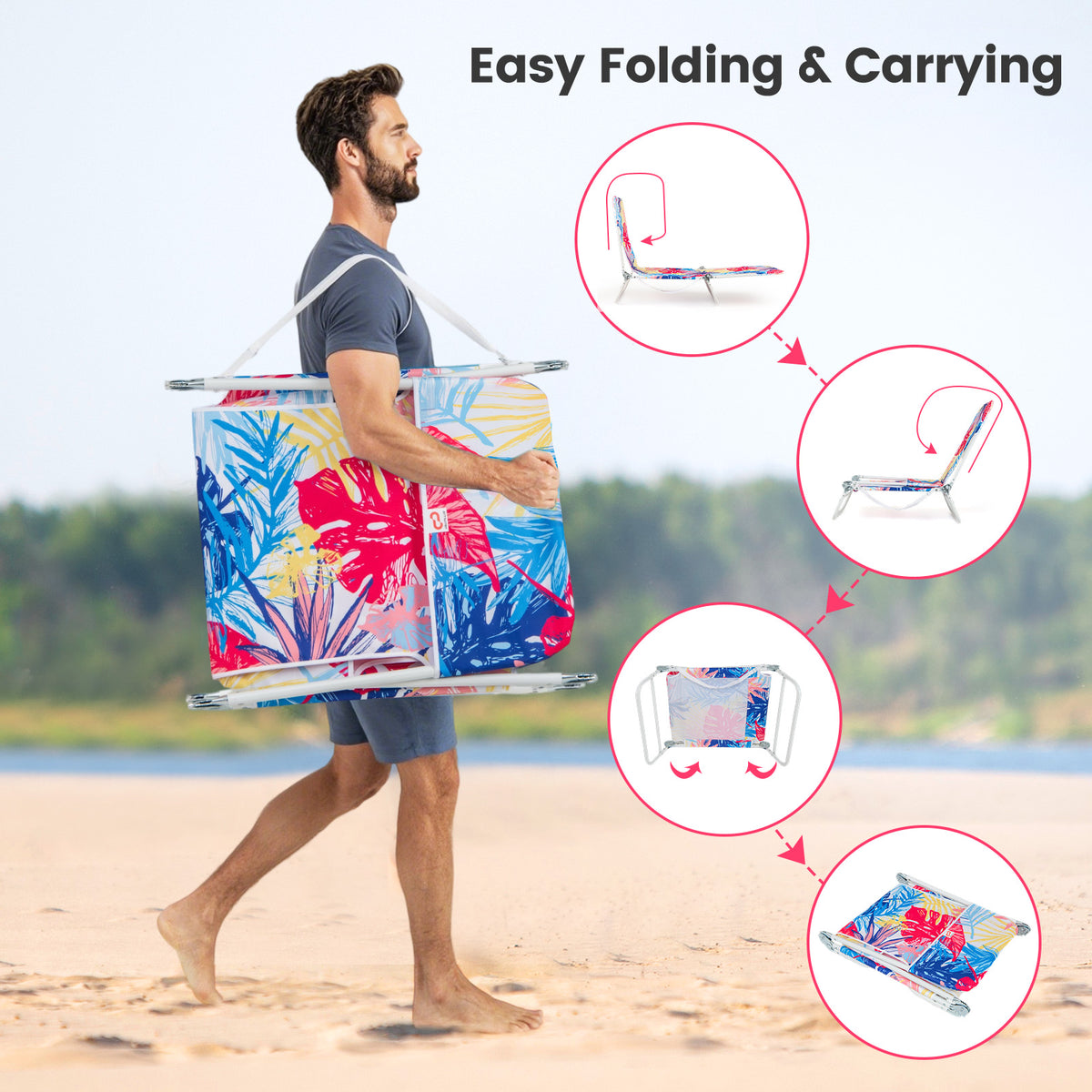 5-Position Beach Recliner Chair Set of 2 with Carry Strap