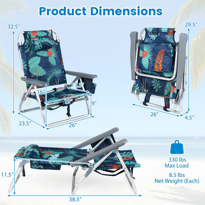 Folding Beach Chair 2-Pack with 5-Position Backrest & Pillow