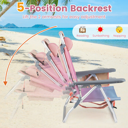Folding Beach Chair 2-Pack with 5-Position Backrest & Pillow