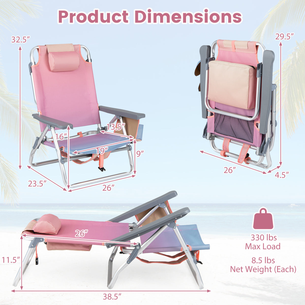 Folding Beach Chair 2-Pack with 5-Position Backrest & Pillow