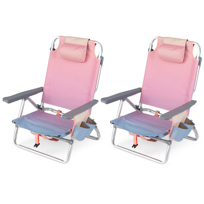 Folding Beach Chair 2-Pack with 5-Position Backrest & Pillow