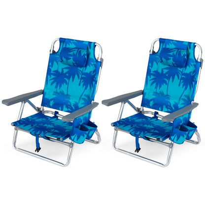 Folding Beach Chair 2-Pack with 5-Position Backrest & Pillow