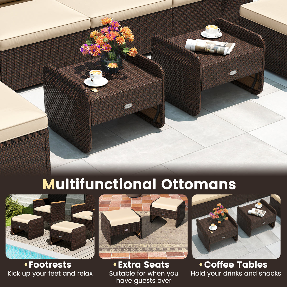PE Wicker Ottomans Set of 2 with Removable Cushions