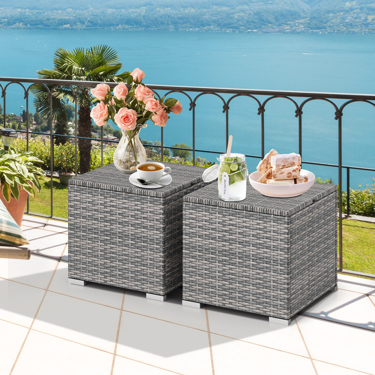 Patio Ottoman Set with Removable Cushions & Storage (2-Piece)