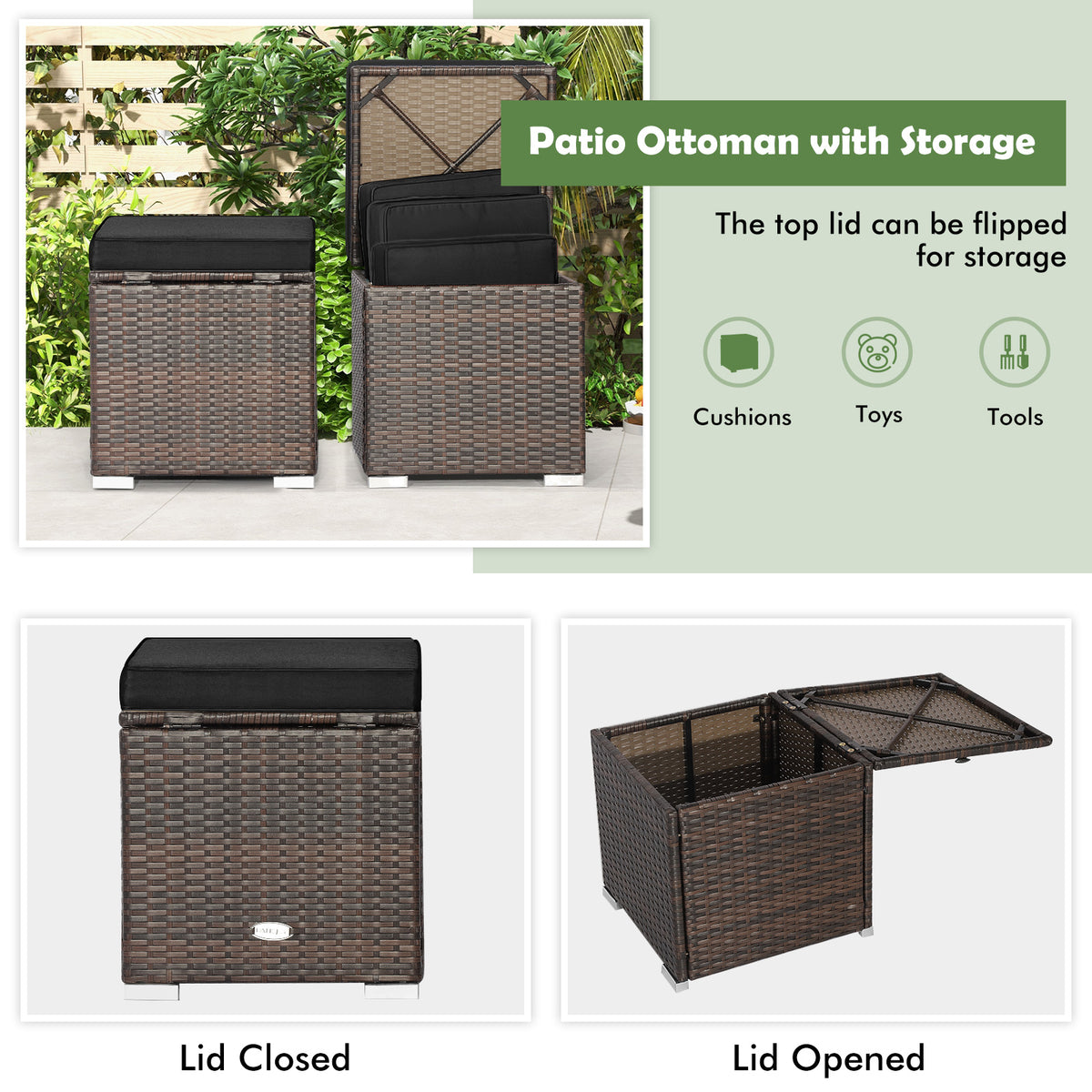 Patio Ottoman Set with Removable Cushions & Storage (2-Piece)