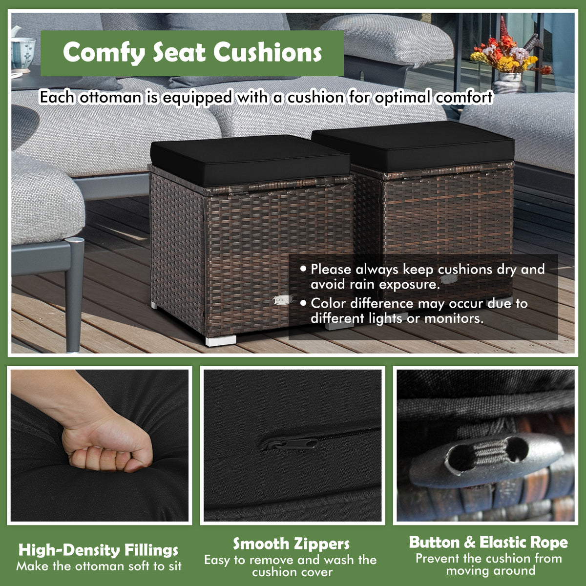 Patio Ottoman Set with Removable Cushions & Storage (2-Piece)