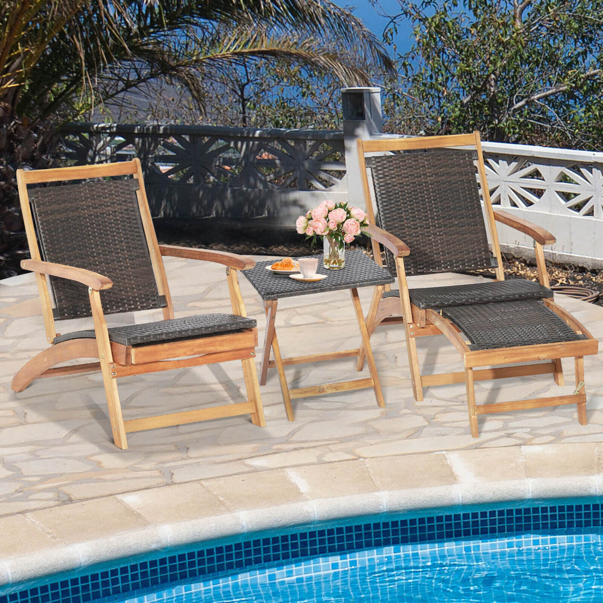 Folding Rattan Lounge Chair Set with Acacia Wood Side Table