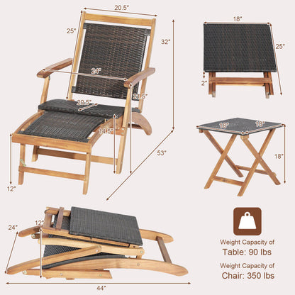 Folding Rattan Lounge Chair Set with Acacia Wood Side Table