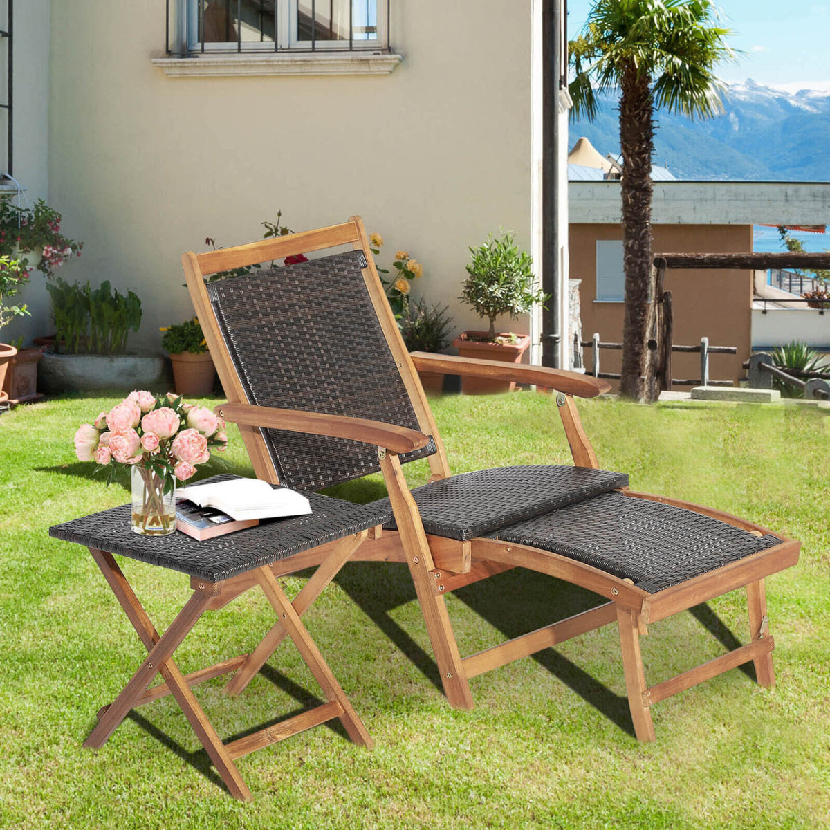 Folding Rattan Lounge Chair Set with Acacia Wood Side Table