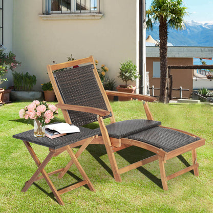 Folding Rattan Lounge Chair Set with Acacia Wood Side Table