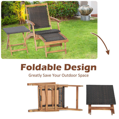 Folding Rattan Lounge Chair Set with Acacia Wood Side Table