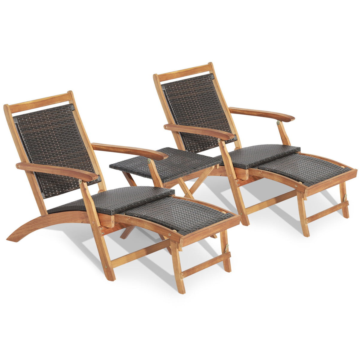 Folding Rattan Lounge Chair Set with Acacia Wood Side Table