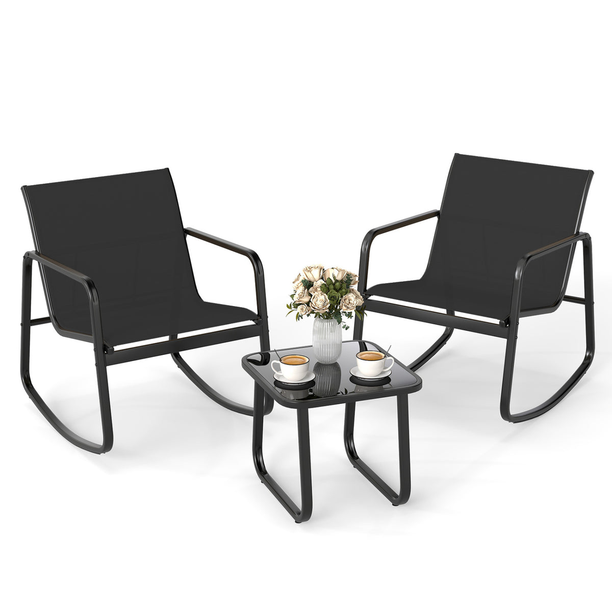 Rocking Bistro Set with Glass Table - 2 Chairs & Side Table