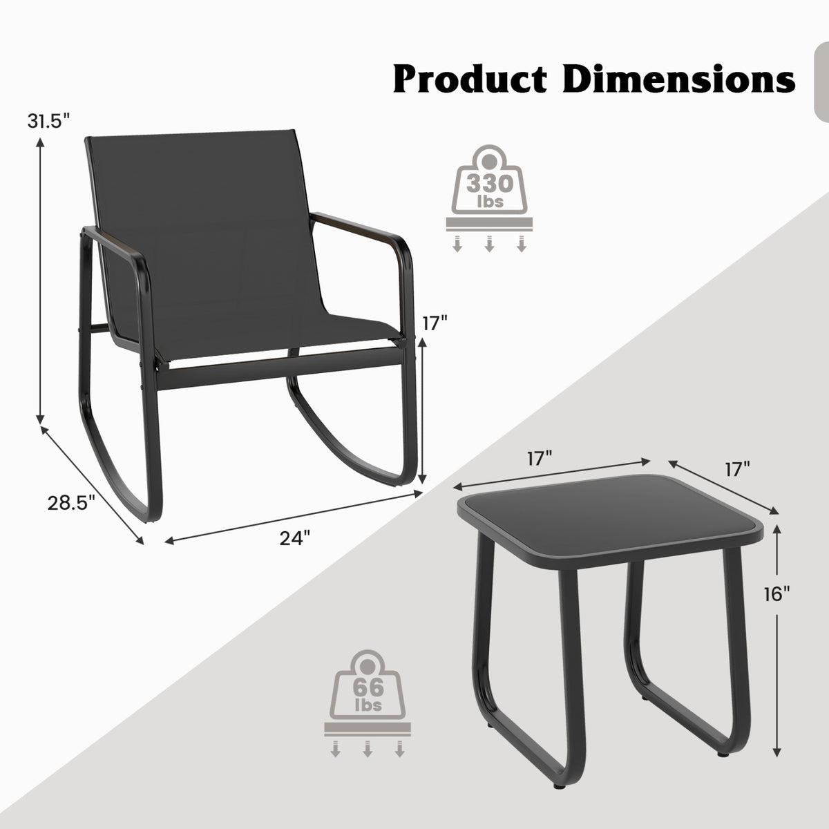 Rocking Bistro Set with Glass Table - 2 Chairs & Side Table