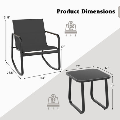 Rocking Bistro Set with Glass Table - 2 Chairs & Side Table