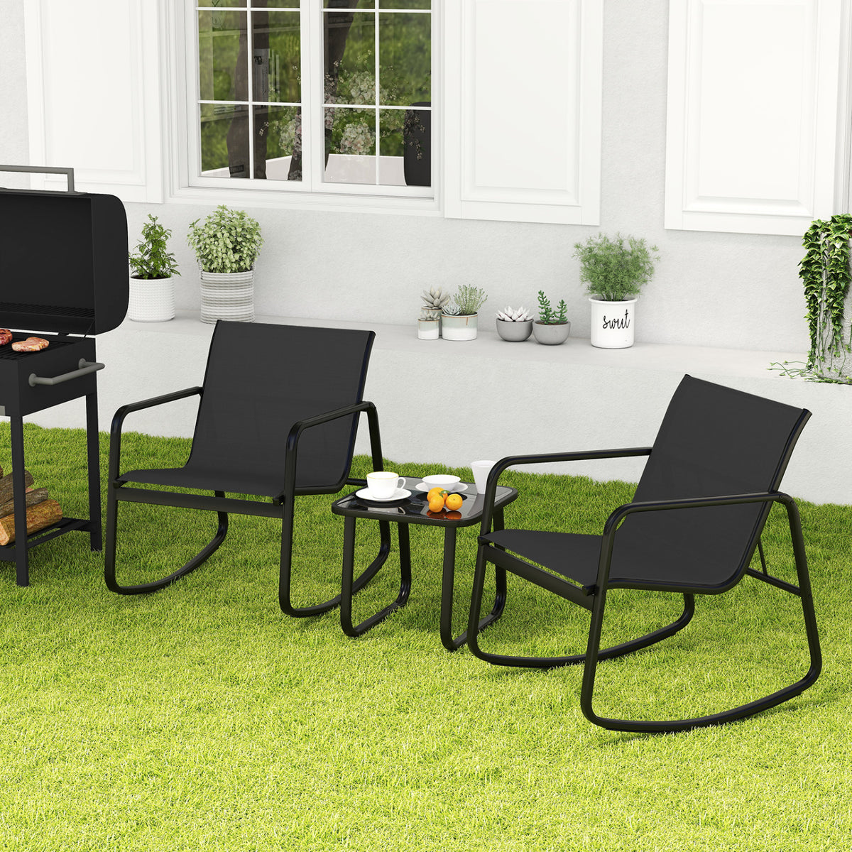 Rocking Bistro Set with Glass Table - 2 Chairs & Side Table