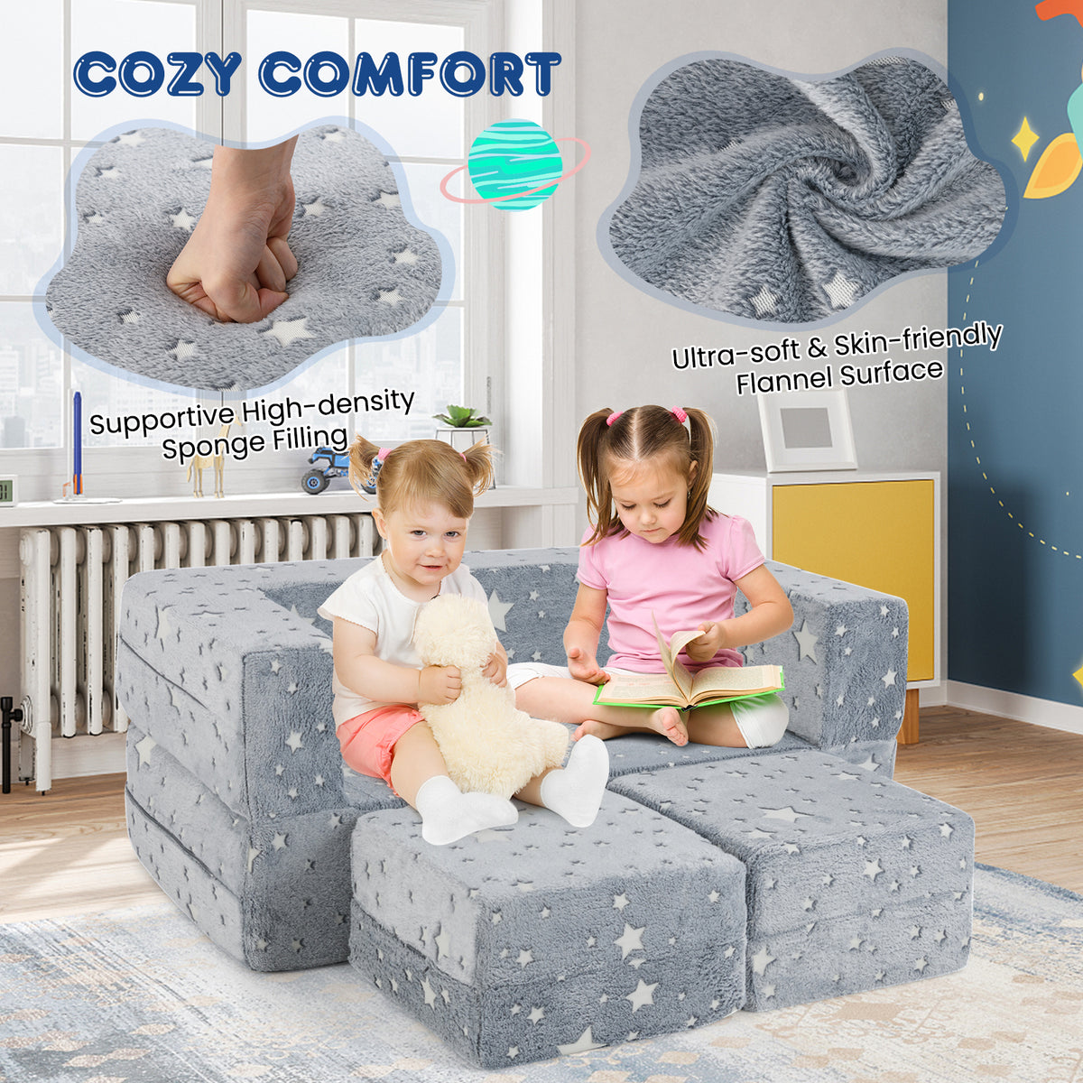 Kids Play Couch 2-Seater with Washable Flannel Cover
