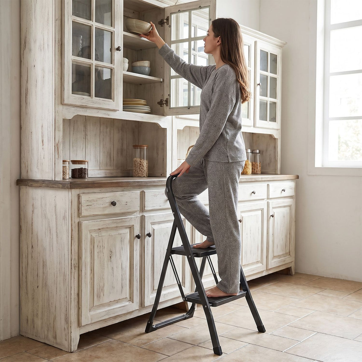 3 Step Ladder Folding Step Stool with Handrail and Wide Anti-Slip Pedals