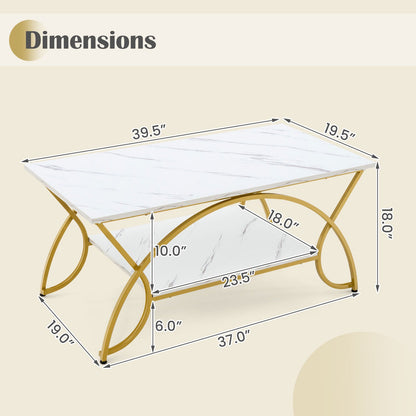2-Tier Rectangle Coffee Table with Marble Pattern Top