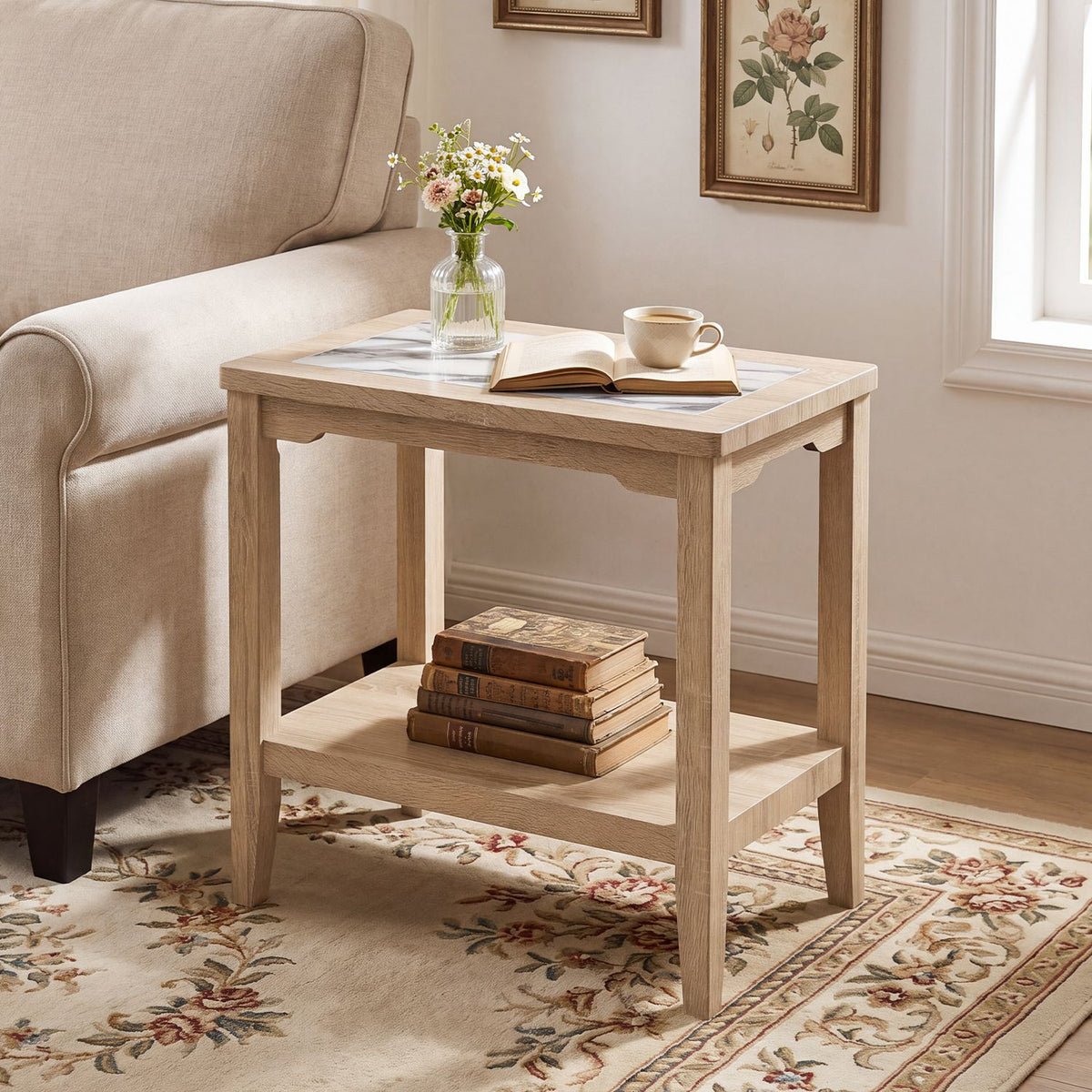 2-Tier Narrow Side Table with Storage Shelf and Tempered Glass Top for Bedside Spaces