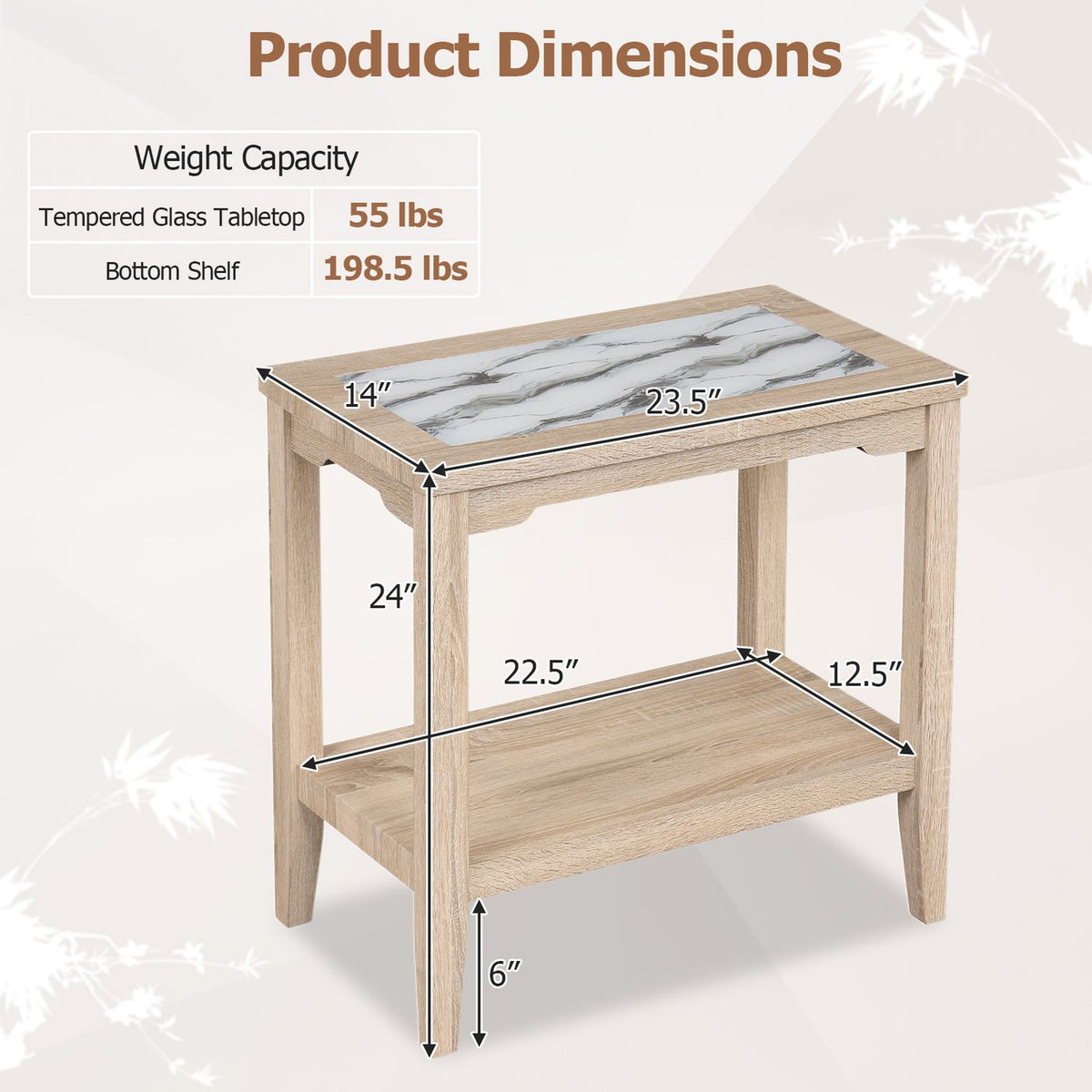 2-Tier Narrow Side Table with Storage Shelf and Tempered Glass Top for Bedside Spaces