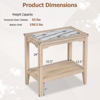 2-Tier Narrow Side Table with Storage Shelf and Tempered Glass Top for Bedside Spaces