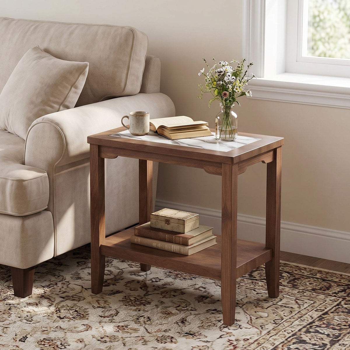2-Tier Narrow Side Table with Storage Shelf and Tempered Glass Top for Bedside Spaces