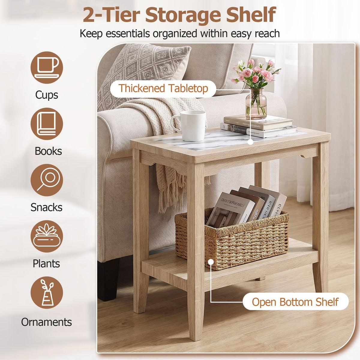2-Tier Narrow Side Table with Storage Shelf and Tempered Glass Top for Bedside Spaces Set of 2