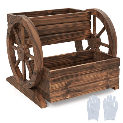 2-Tier Raised Garden Bed Rustic Wood Wagon Shape with Drainage Holes and Wheels-Coffee