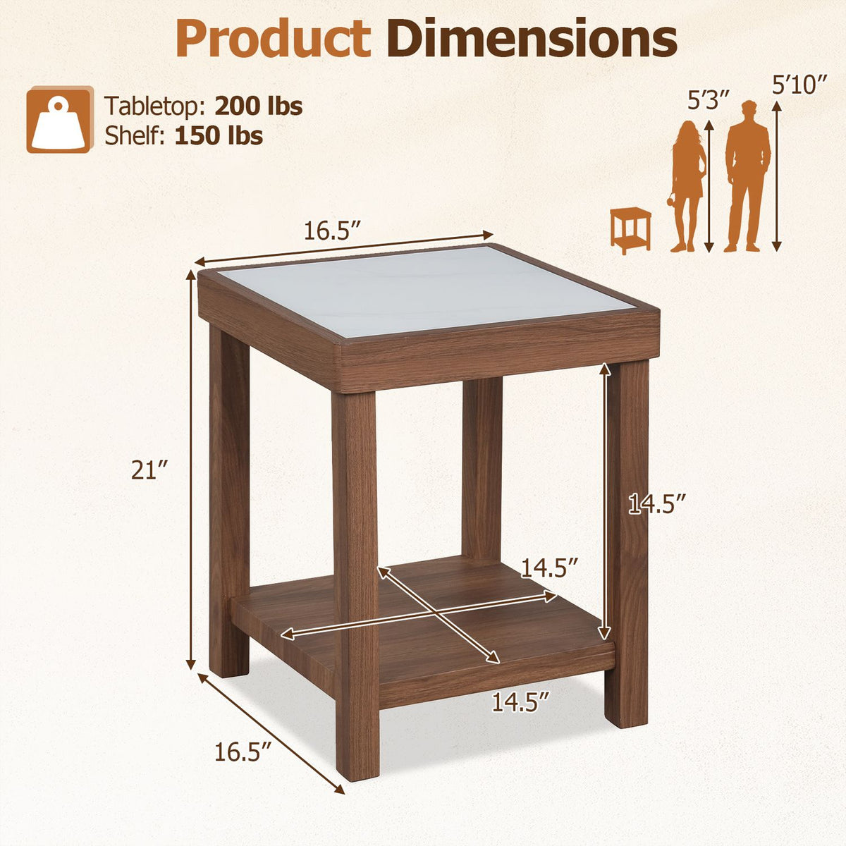 2-Tier Square Side Table with Faux Marble Top for Living Room Set of 2-Brown