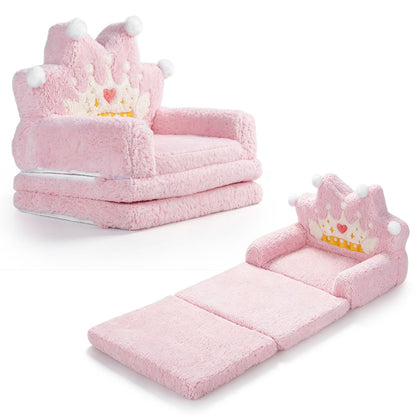 2-in-1 Foldable Kids Sofa Bed with Washable Removable Slipcover for Toddlers-Pink