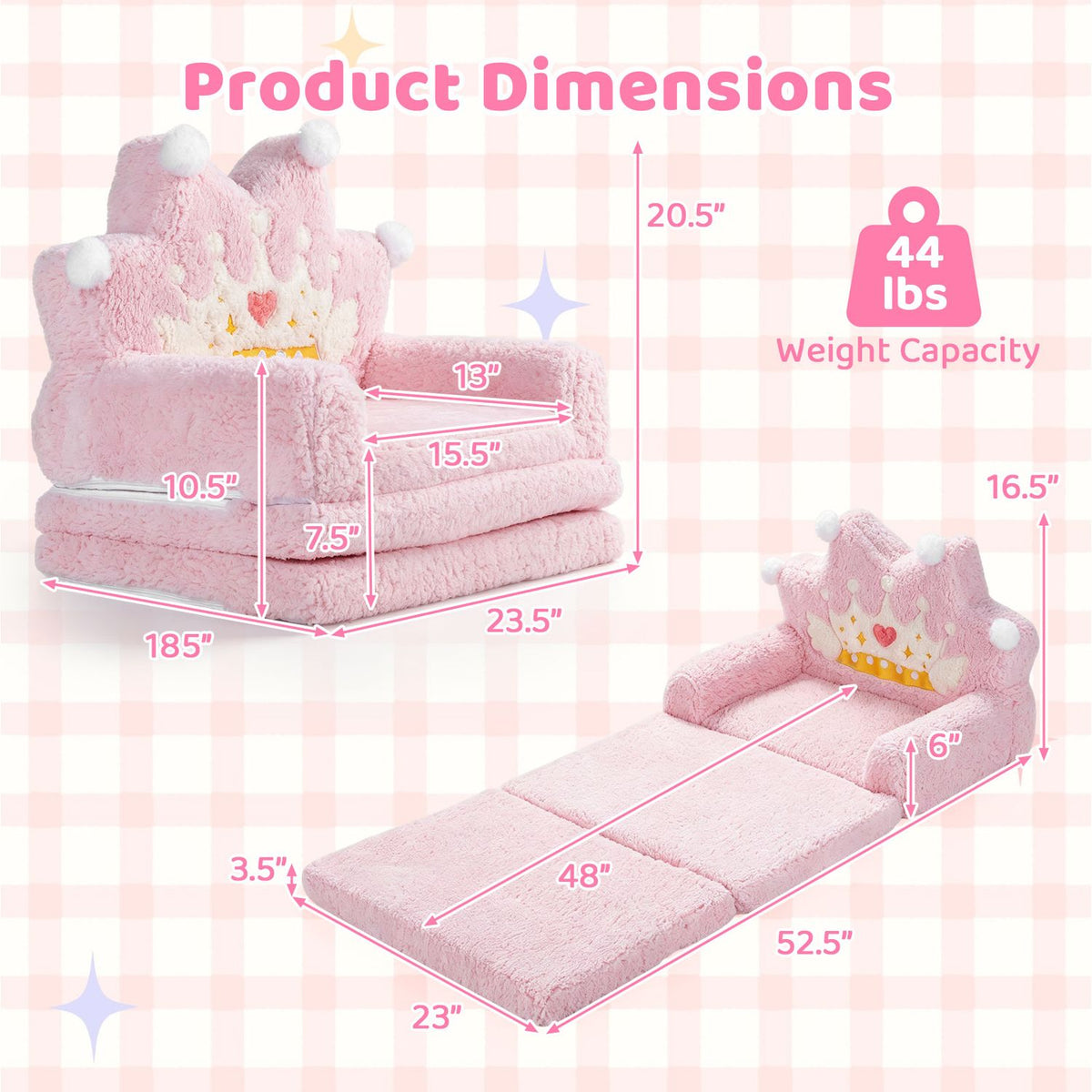 2-in-1 Foldable Kids Sofa Bed with Washable Removable Slipcover for Toddlers-Pink