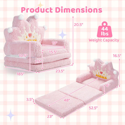 2-in-1 Foldable Kids Sofa Bed with Washable Removable Slipcover for Toddlers-Pink