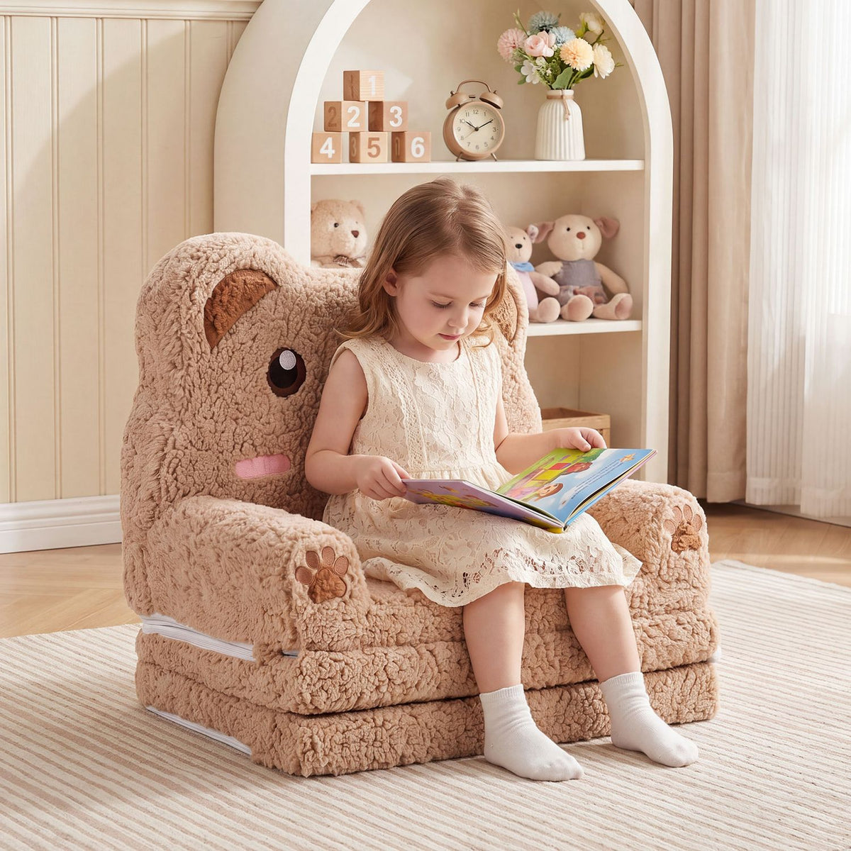 2-in-1 Foldable Kids Sofa Bed with Washable SlipcoverBear and Printed Designs for Toddlers-Brown